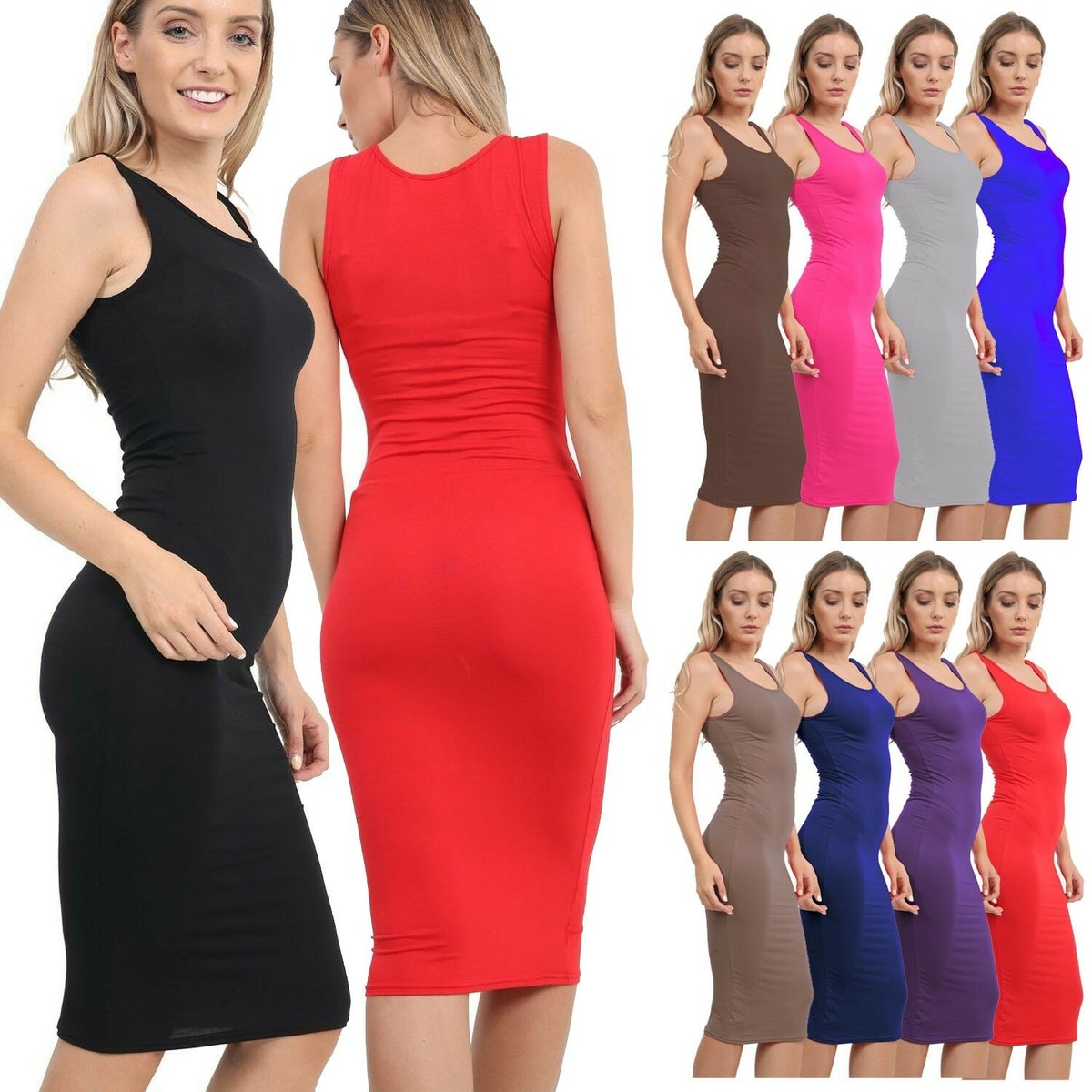 LADIES SLEEVELESS TIGHT FIT BODYCON KNEE LENGTH STRETCH MIDI DRESS