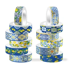 Lemon Washi Tape 12 Rolls, Blue Tiles Yellow Lemon Printed Decorative Washi Tape
