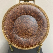 PIER 1 Decorative Plate 14"W Faux Leather Brown Ceramic Rattan Wicker Border
