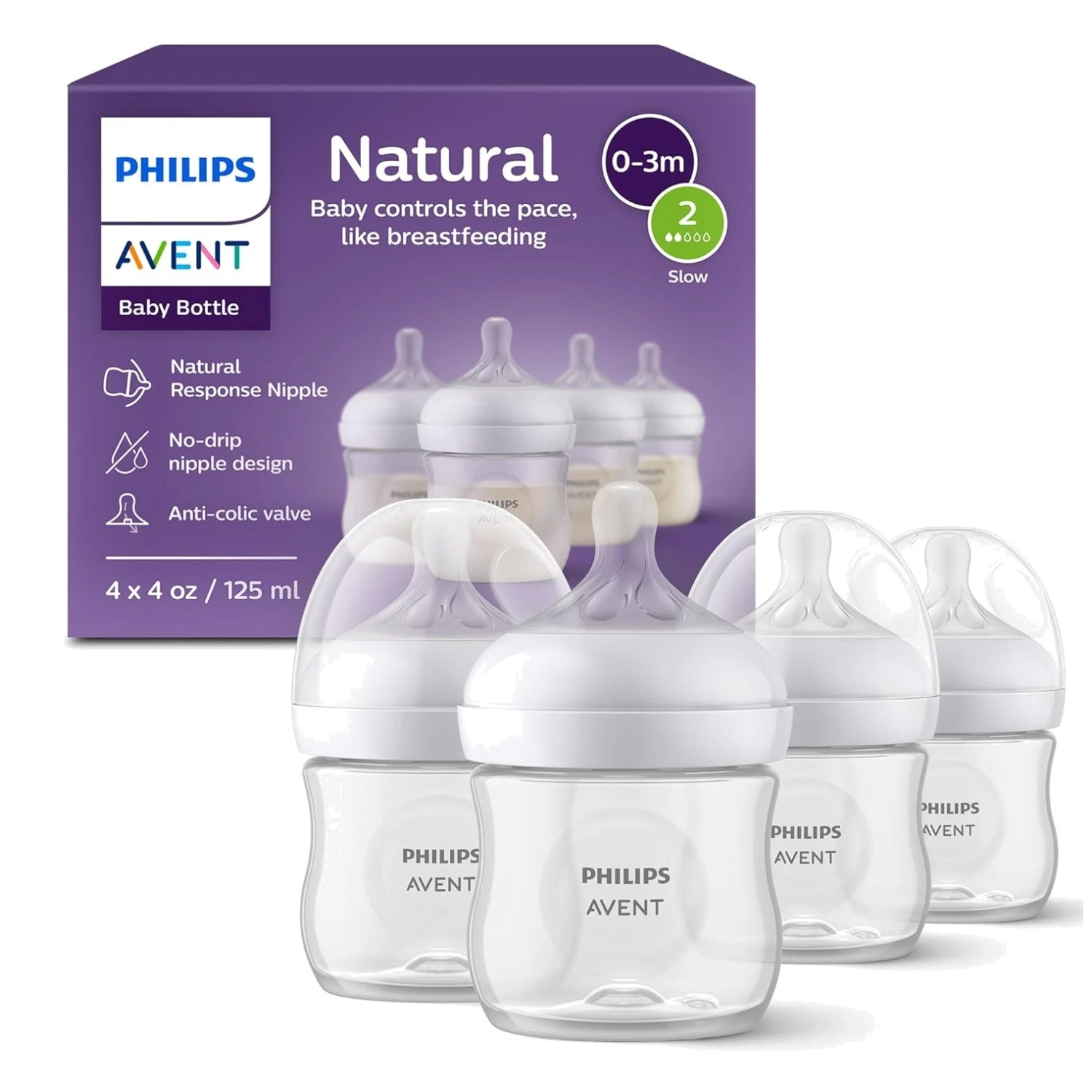 Natural Baby Bottles 4oz 4-Pack with Slow Flow Nipples