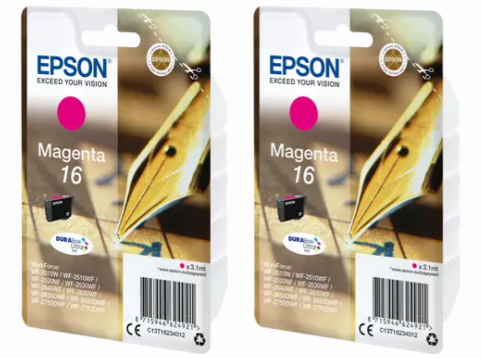 Epson 16 | Magenta | DURABrite Ultra Ink | SinglePack Cartridges | 2 x 3.1ml