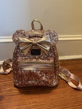 Loungefly Disney Parks Minnie Mouse Rose Gold Sequin Mini Backpack Bow