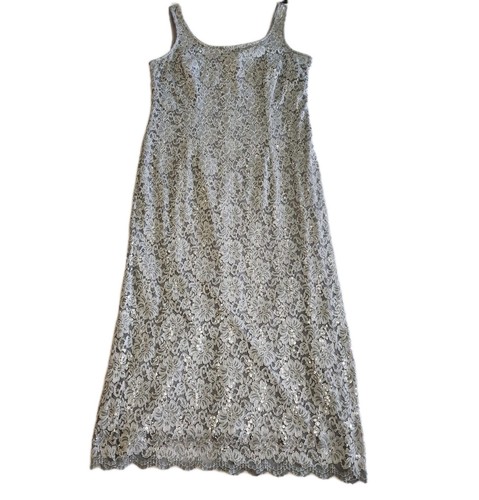 R & M Richards Silver Sequin Lace Stretch Midi Cocktail Wedding Guest Dress SZ14
