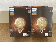 LOT OF 2 Philips Dimmable Vintage 60W Amber G25 LED Decorative Light Bulb, NEW