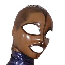 Translucent Brown Latex Hood Back Zipper Rubber Mask Open Eyes Mouth for Cosplay