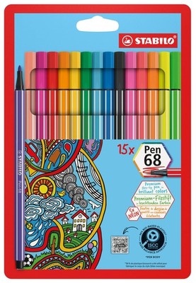 Premium Fiber-Tip Pen - STABILO Pen 68 - Pack of 15 - Assorted Colors includi...