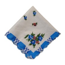 Linen Blue Rose Floral Handkerchief Scalloped Cottage Core Bridesmaid Granny