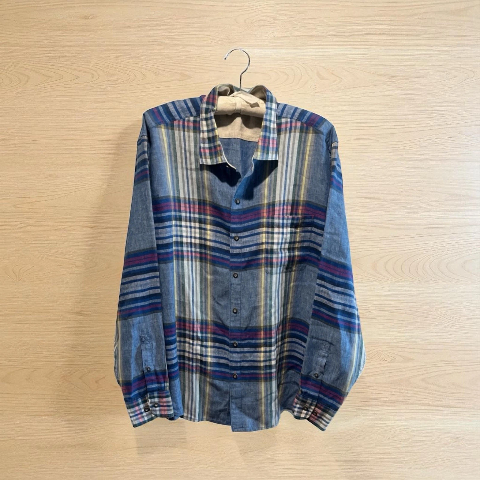 Tommy Bahama 100% Linen Shirt Sz XXL Blue Plaid Button Up Long Sleeve Multicolor