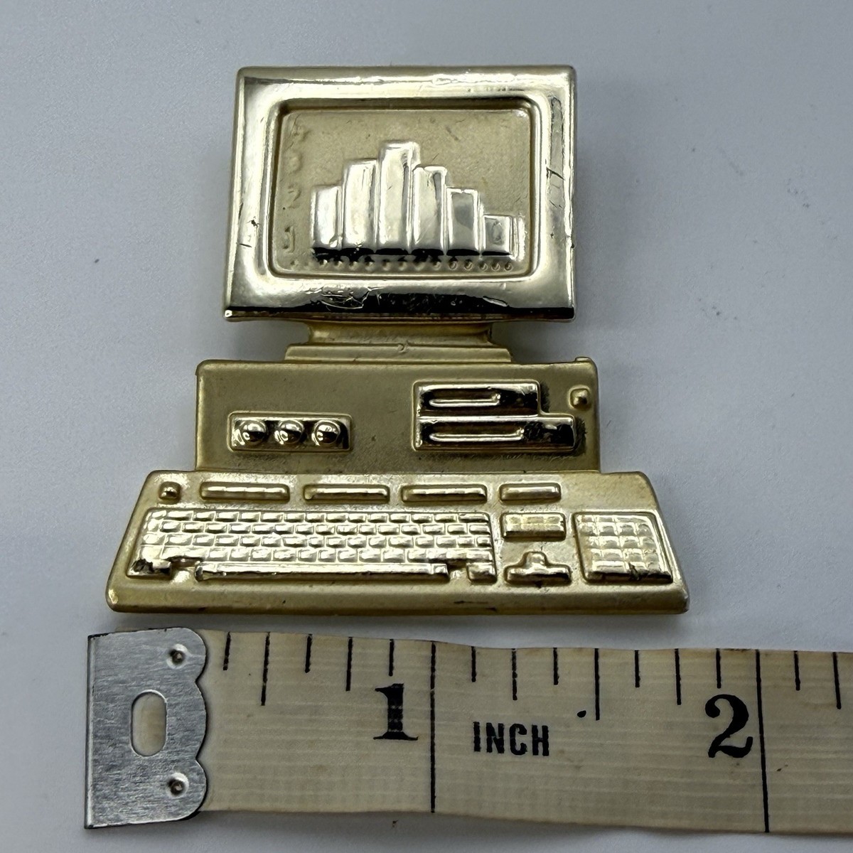 AJC Vintage Computer Brooch Gold Tone Monitor Keyboard Office Tech Figural Pin View 6