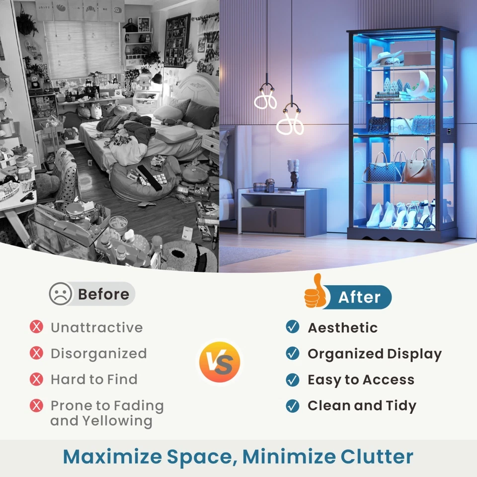 Display Cabinet with Glass Doors, Curio Cabinet with RGB Lights for Collectibles - Image 3 of 4