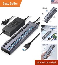 USB 3.2 Powered Hub: 16 Ports, 10Gbps, Aluminum Elegance with Surge Defense