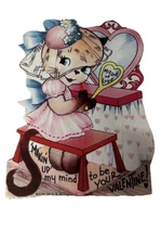 Vintage 1940’s Valentines Day Card Persian Cat Mirror Of Love New Old Stock