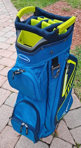 Golf Cart Bag TaylorMade 14 15 Div blau gelb Schultergurt alle Reißverschlüsse funktionieren perfekt