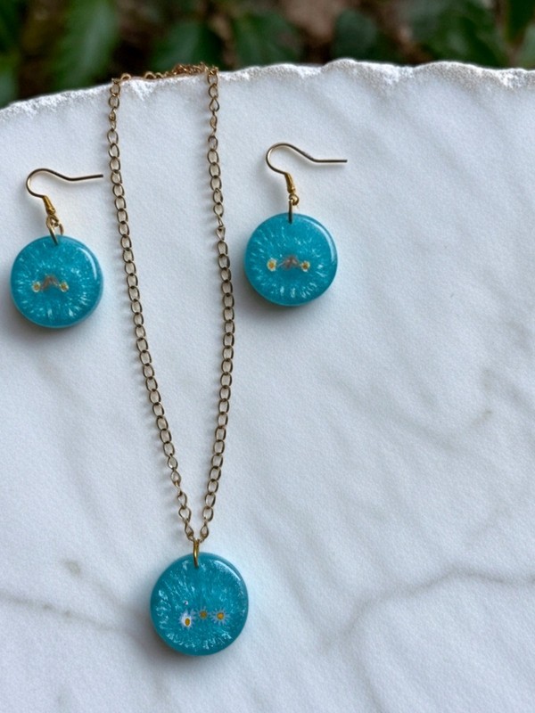Handcrafted Blue Resin Floral Necklace & Earrings Jewelry Set for Women