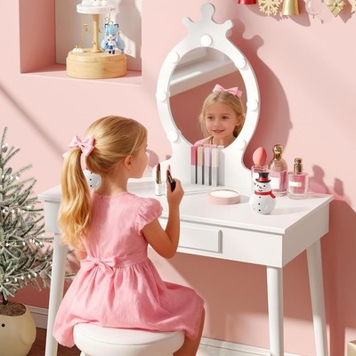 Girls LED Lights Mirror Vanity & Study Desk w Stool Makeup Dressing Table Set