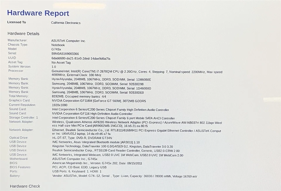 ASUS ROG G74S Laptop Intel Core i7 2670QM 2.20GHZ 17.3" FHD 8GB RAM NO HDD Parts - Image 2 of 4