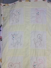 Vintage Hand Stitched Baby Blanket Quilt Farm Animals Flower Print 51x38