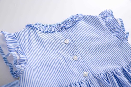 Girls Vintage Smocked Dresses Handmade Blue Striped Sleeveless Ruffled Dresses - Picture 8 of 22