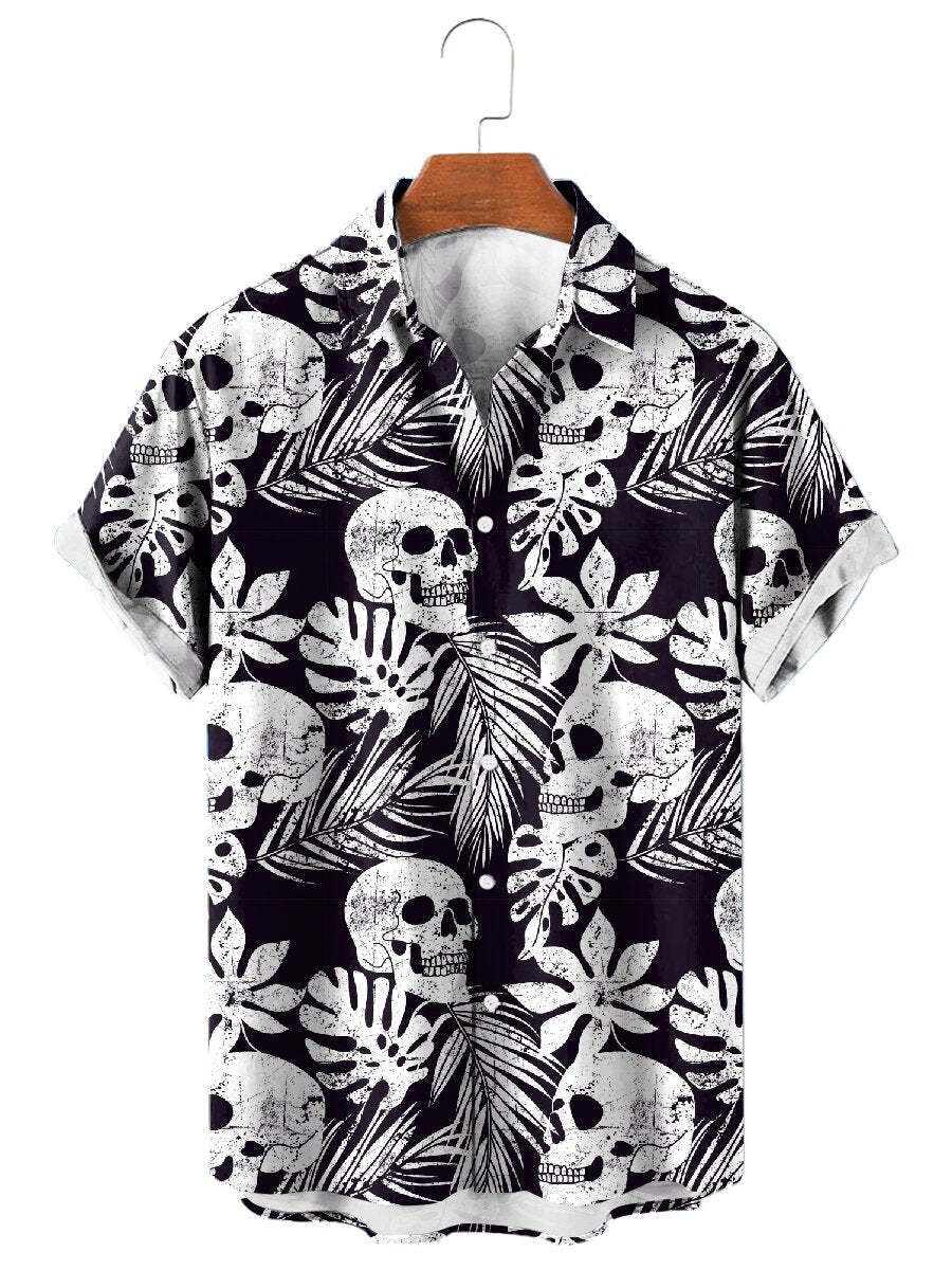 Skull and Tropical Leaf Print Hawaiian Short Sleeve Shirt for Men or Women