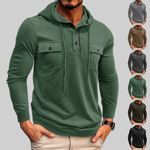 Men Hooded Henley Shirt Sweatshirt Grandad Long Sleeve Casual Fleece Hoodie Top