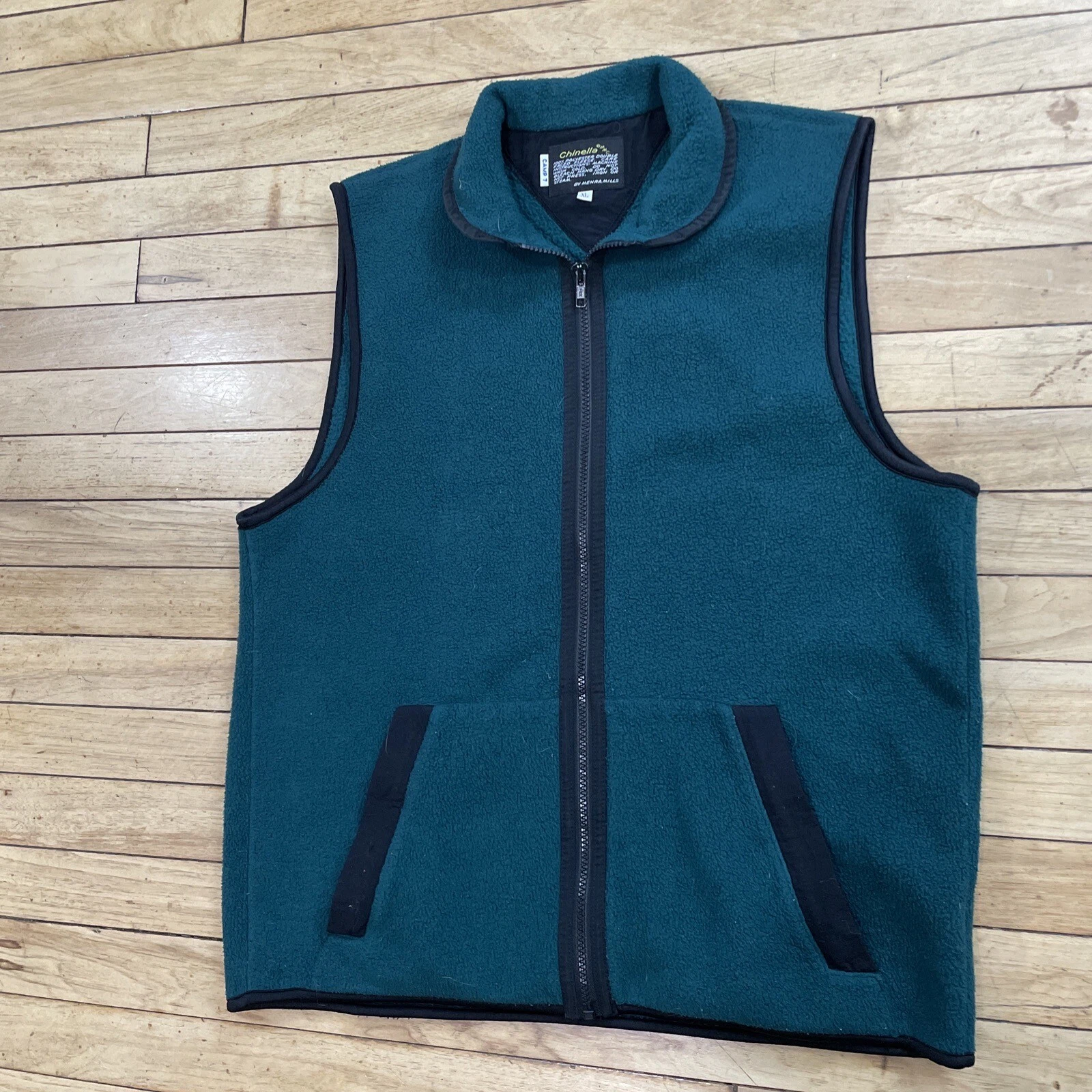 CHINELLA VTG 70s 90s Fleece Vest Men XL Green Zip Made USA MENRA MILLS Retro 44"