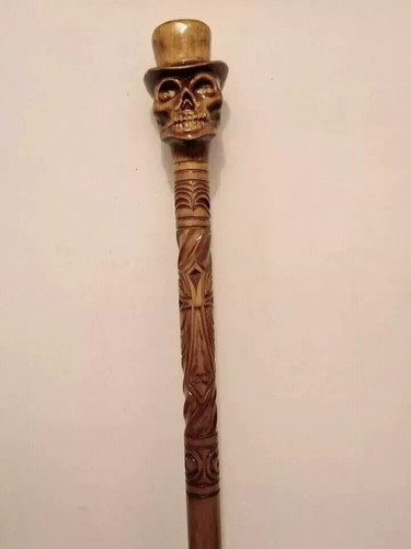 Wooden walking Stick with skull Designer Hand Carved Handle cane Hiking Stick - Picture 2 of 5