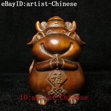 6.8cm Chinese boxwood hand carved animal good fortune ox statue table deco gift