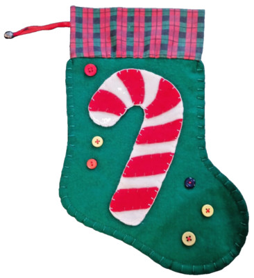 Vintage Hand Sewn Old Fashion Felt Christmas Stocking Candy Cane & Buttons