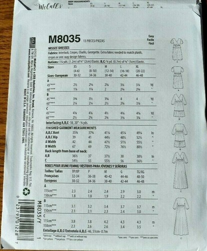 MCCALLS PATTERN 8035 BRYNN  DRESSES MISSES SIZES  XSMALL SMALL MEDIUM NEW  UNCUT - Picture 2 of 2