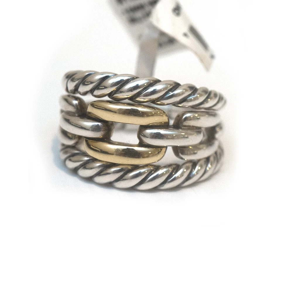  DAVID YURMAN Nuevo Anillo Wellesley Damas 15mm Dos Tonos Plata Oro Talla 6.5