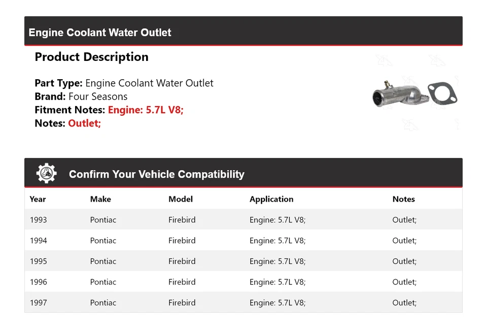 Pontiac Firebird 1993-1997 motor V8 5,7 L salida de agua refrigerante 4 estaciones Foto 2 de 4