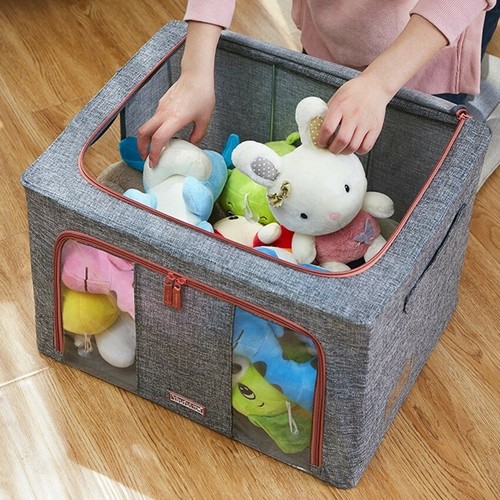 Foldable Cloth Storage Box Steel Frame Container Large Cleanable Cotton Gray New - Picture 4 of 9