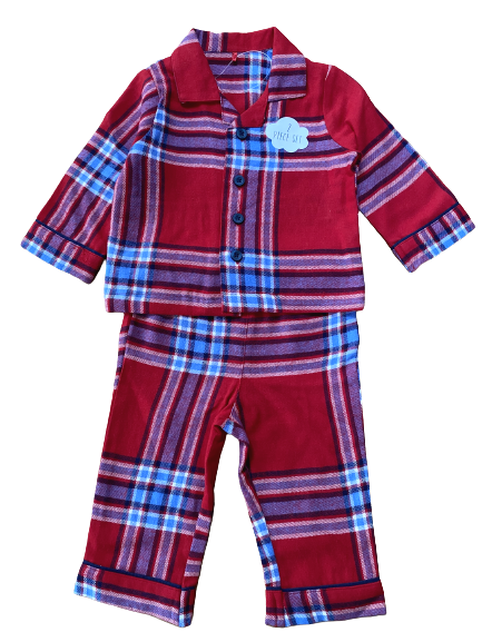 Baby Boys Girls Red Checked Tartan Pyjamas 100% Cotton Piece Pjs