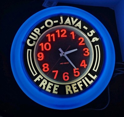 Vintage Cup-O-Java LIGHT UP Wall Clock 13.5'' Art Deco Diner Tested Works 1990's