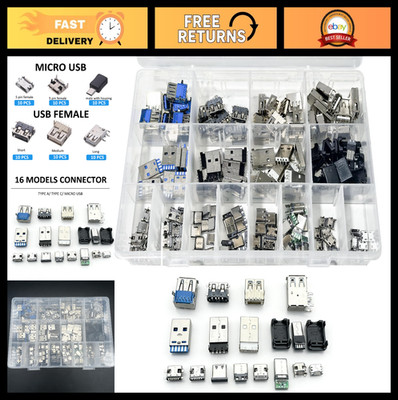 180PCS USB Connector Assortment Kit - 16 Types Type A/C/Micro USB Sockets for DI