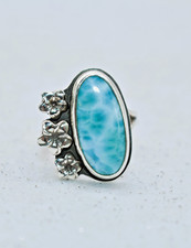 LM India Larimar Sterling Silver Flower Design Ring Size 7-1/2