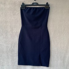 PrettyLittleThing Navy Bandeau Bodycon Dress UK 8 Strapless Pencil Stretch VGC
