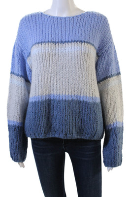 OUI Women Pullover Light Blue Striped Round Neck Long Sleeve Size 6