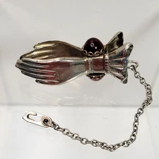 Vtg Silver-tone Hand Glove Scarf Holder Clip w/ Chain - Red Jeweled Gem Estate