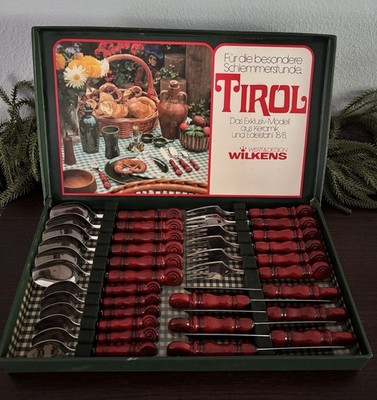 Rare Vintage Wilkens Tirol Flatware Set Red Stainless Germany 70's 24 PC READ