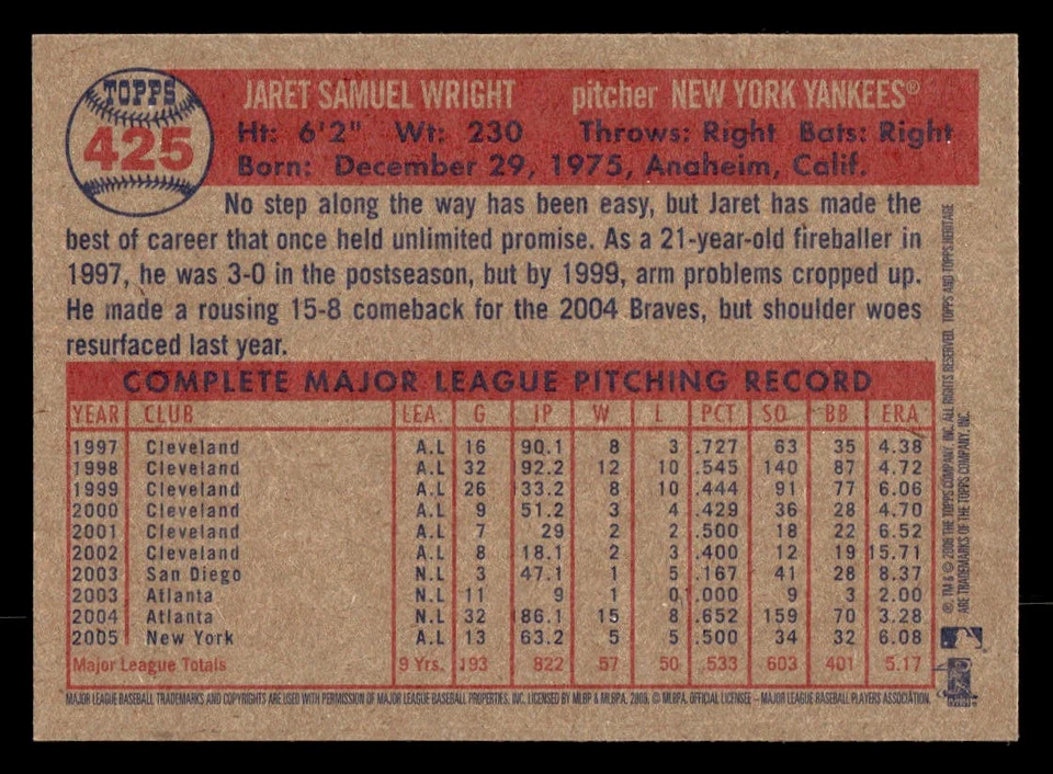 2006 Topps Heritage #425 Jaret Wright Card New York Yankees - Image 2 of 2