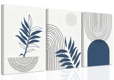 Navy Blue Boho Canvas Wall Art Set of 3 Abstract Bohemian Poster Wall Decor M...