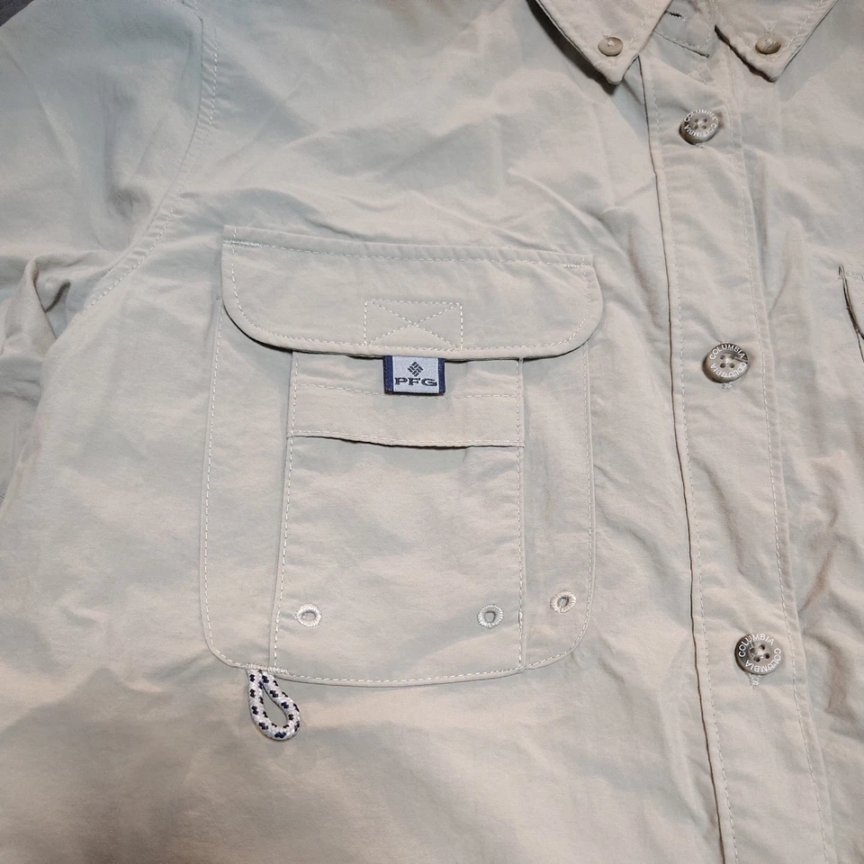 Columbia PFG Mujer Pequeña Beige Abotonada Ventilada Camisa Nylon Pesca Foto 3 de 4
