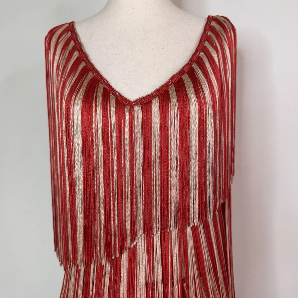 Nuevo con etiquetas Vestido Roberto Cavalli Rayas Flecos Rojo Colorido Talla 14 Aleta $4000 Foto 2 de 4