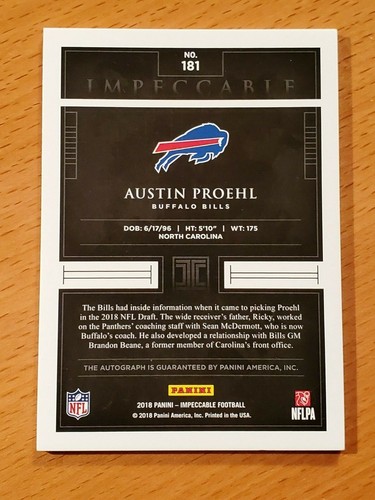 2018 Impeccable Rookie Auto 181 Austin Proehl North Carolina Bills XFL #'d 18/75 - Picture 2 of 2