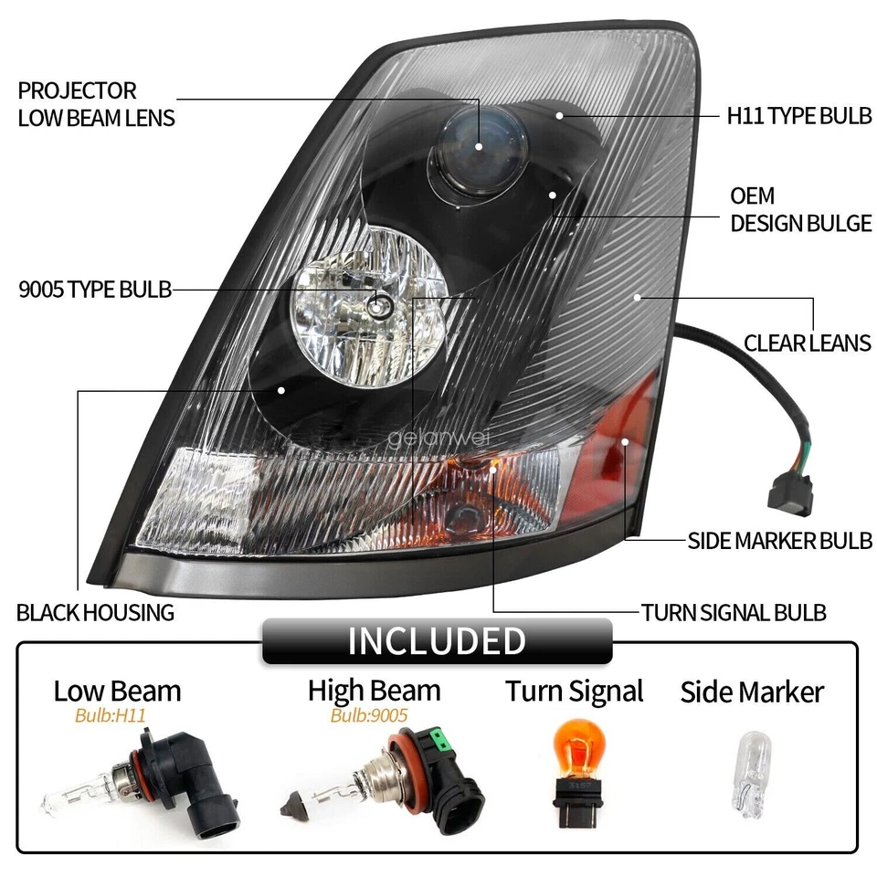 For Volvo VNL 2004-2017 Semi Truck Halogen Headlights Projector Black Set Pair — 第 3/4 张图片