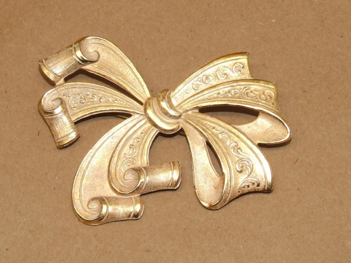 Art Nouveau Repousse Plated Brass White Enamel Curled Ribbon Bow
