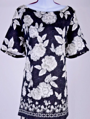 ST.JOHN Couture Womens EMMA Black White Floral Print Silk Blend Tunic Top  Sz 12