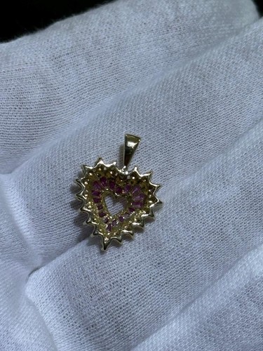 14k Yellow Gold Diamonds & Red Ruby Heart Design Charm Halo Pendant Gift - Picture 6 of 12