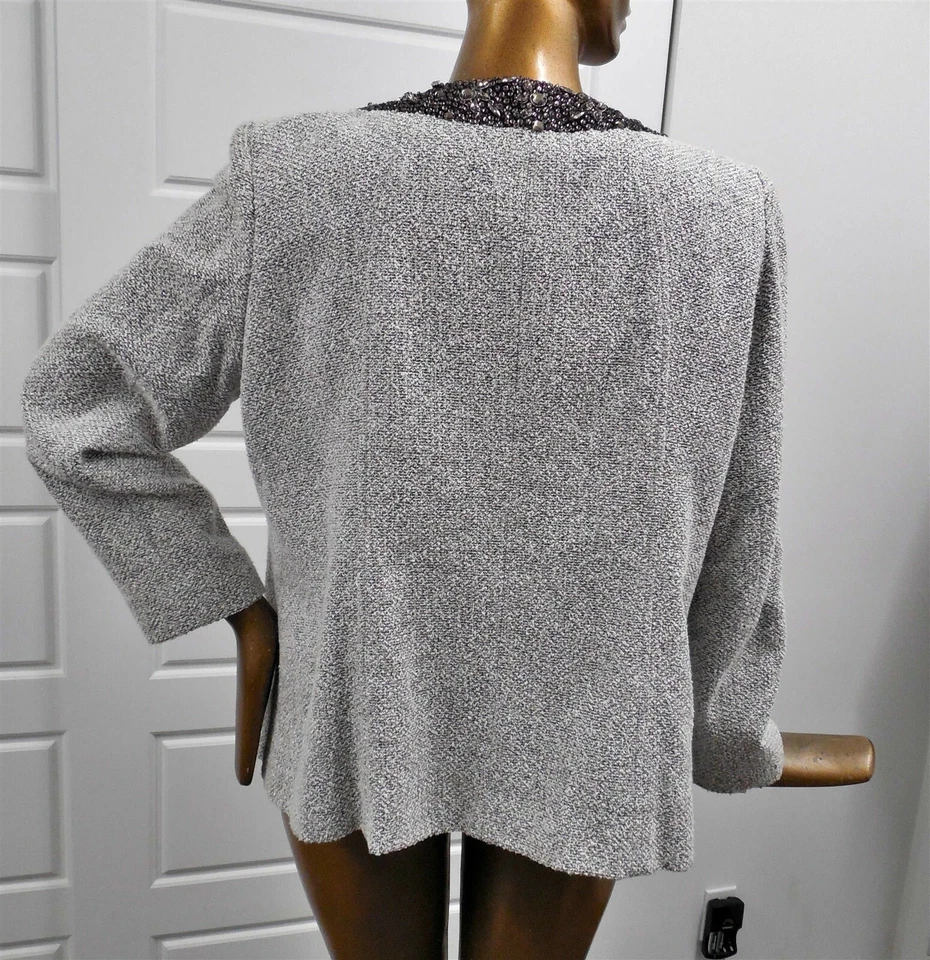 Lafayette 148 White Silver Black Tweed Knit Beaded Jewel Jacket sz 16 - Image 3 of 4
